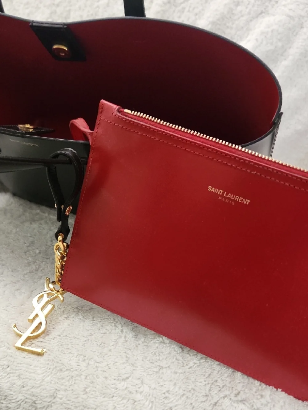 Saint Laurent Black Leather Tote with Red Interior and Gold YSL Charm NEW! - Picture 8 of 13